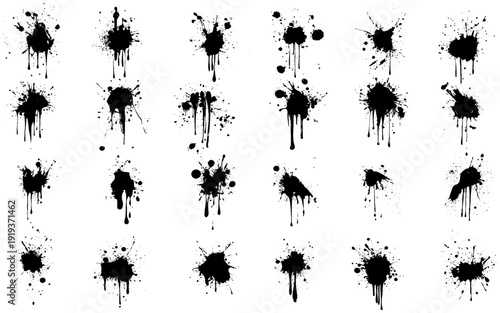 Dripping paint, dripping stains set. Black drop paint, sauce stains, circle oil blobs, liquid chocolate, round ink splash. Vector illustration