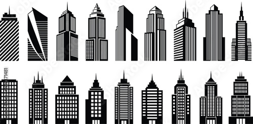Modern city skyscraper silhouettes vector set, urban skyline buildings collection black architecture icons isolated illustration bundle