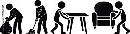 Illustration of four people performing various household chores