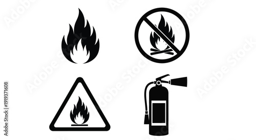 Fire hazard symbols including flames extinguisher and warning silhouette