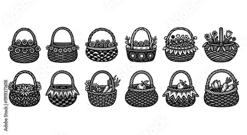 Collection of decorative woven baskets with floral and handle details