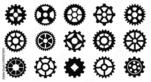 Arrangement of black gears presented in a repeating mechanical silhouette