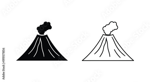 Two volcano icons one solid and one outlined in black and white silhouette