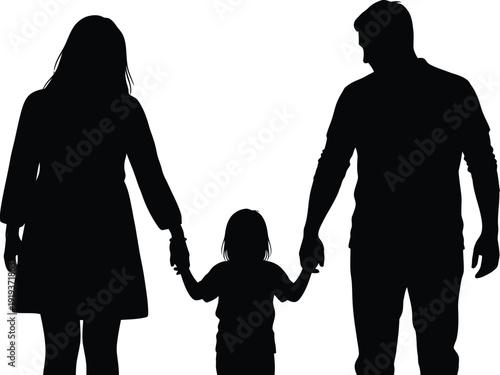 A heartwarming silhouette of a family unit, two parents and one child, holding hands and embracing, a clean white background