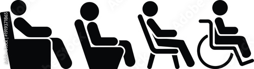 Illustration of people sitting in different types of seating arrangements including a wheelchair.