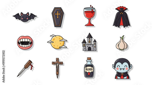 Cute cartoon vampire sticker set with bat coffin blood and castle icons for Halloween