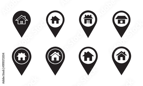 Set of black and white location pin icons with house symbols