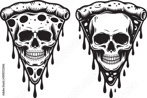 Two black and white vector illustrations of pizza slices with melting cheese forming a skull face, one with pepperoni and one with plain cheese, isolated on a white background.