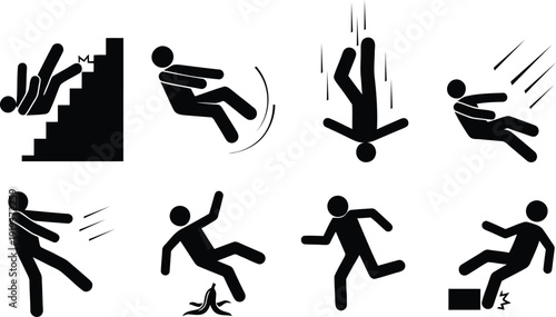 Various depictions of people falling and slipping in different scenarios