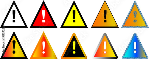 Warning alert icon set with exclamation mark in triangle set. Exclamation mark in triangle. Danger warning icon. Danger Caution or Alert Risk Warning Attention Icon Set. danger signs, warning signs