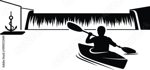 Minimalist depiction of a ship anchor and waves in stark black silhouette