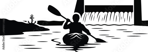 Kayaker on water with distant landscape a striking black silhouette