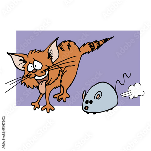 A cartoon cat chasing a frightened mouse in a humorous animated scene from a dynamic viewpoint