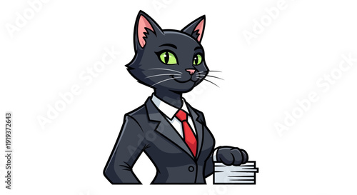 Confident black cat mascot dressed in business suit holding a stack of cards.