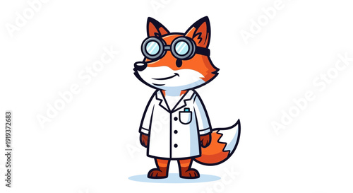 Cute cartoon fox character wearing a white lab coat and goggles.