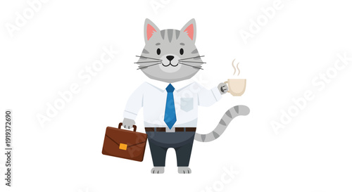 Cute cartoon cat dressed in business attire holding coffee and briefcase.