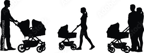 Black silhouette set of young parents pushing baby strollers including father with twins mother walking and couple with newborn carriage isolated on white background