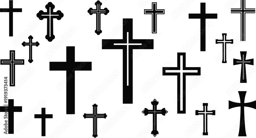 Εκτύπωση καμβά Christian cross silhouettes set, religious crucifix symbols collection vector il