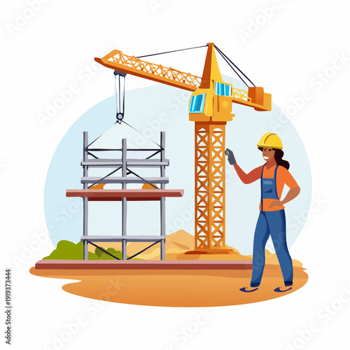 Female construction worker standing near crane and scaffolding on site.