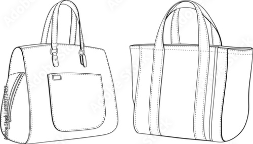 Vector technical flat fashion CAD illustration of two stylish leather tote bags and weekender luggage for print, catalog, and streetwear design template.