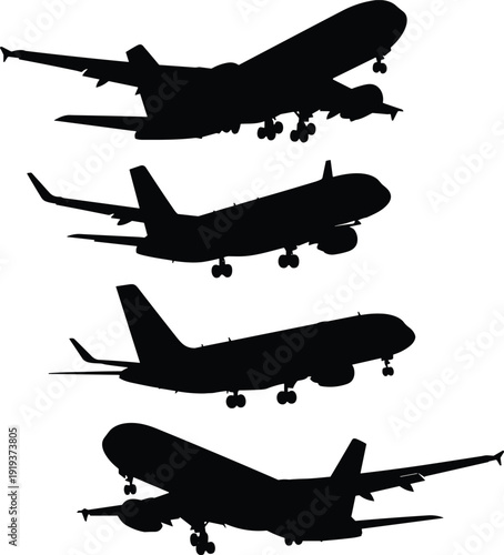 Commercial airplane silhouettes set, passenger aircraft vector illustration isolated on white background, aviation transportation icon collection for travel and airline design