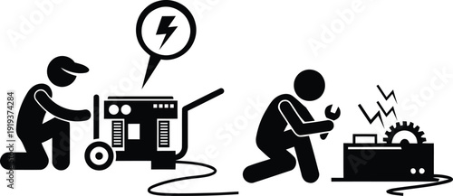 Two technicians performing maintenance on electrical equipment and machinery.