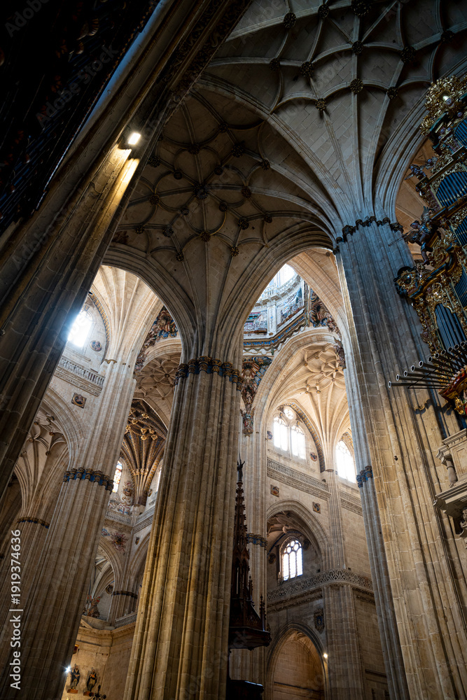 Naklejka premium Intricate arches and columns inside a grand cathedral.. Cathedral of Salamanca, Spain