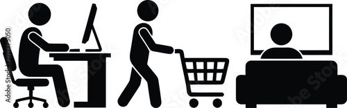 A person shopping online with a computer and a shopping cart while another person watches on a tv