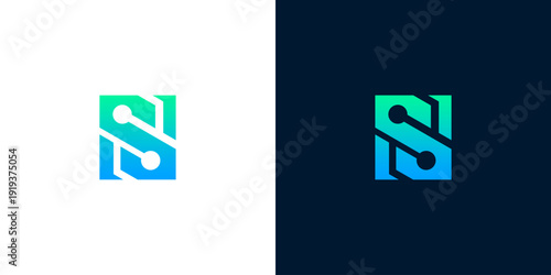 Modern abstract letter N logo design featuring integrated network and connection elements, presented with a vibrant blue-green gradient, symbolizing innovation and digital technology