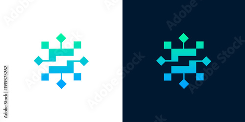 Abstract S logo with connected nodes and a blue-green gradient, symbolizing digital tech and network solutions. Modern graphic for innovative branding