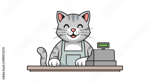 Happy cartoon cat cashier working at a cash register in a store.
