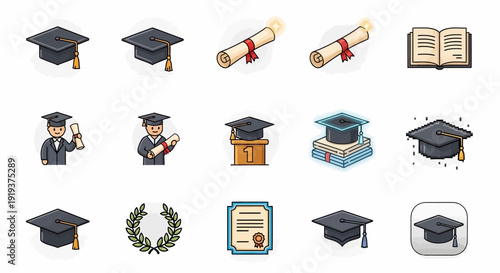 A collection of various educational and graduation-themed icons, including mortarboards, diplomas, graduates, an open book, and a laurel wreath.