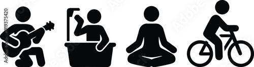 Four individuals engaging in different activities: playing guitar, painting, meditating, and cycling.