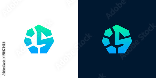 Modern abstract letter S logo design featuring geometric shattered crystal or ice shard elements in a vibrant blue-green gradient, suitable for innovative technology or digital branding solutions