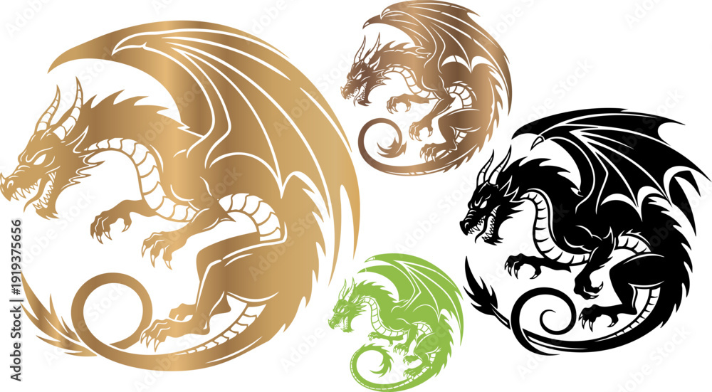 Fototapeta premium Four stylized dragon vector illustrations in various metallic and solid color variations. Includes a large golden dragon, a smaller bronze dragon, a black silhouette, and a small green dragon