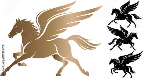 Pegasus winged horse vector illustration in a dynamic running pose, presented in a metallic gold gradient and three solid black silhouette variations, isolated on a clean white background.