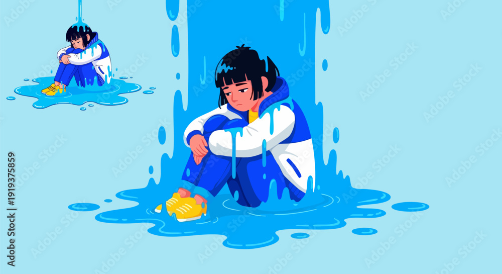 Naklejka premium Sad young person sitting on the floor, drenched by a column of water, symbolizing feelings of depression and being overwhelmed. Vector illustration with a blue and white color palette.