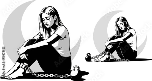 Depressed woman chained to a heavy weight, sitting on the ground with a crescent moon in the background, symbolizing mental health struggles and the burden of depression. Created in a black and