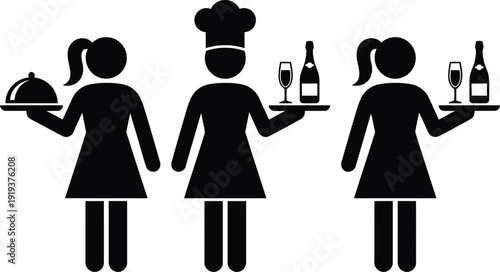 Three women in different uniforms serving food and drinks in a restaurant setting