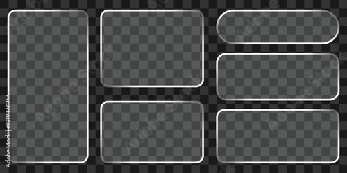 Sleek transparent glass panel featuring liquid morphism and gradient light effects . Trend liquid glass frames and buttons set transparent background. realistic illustration of glass morphism text box