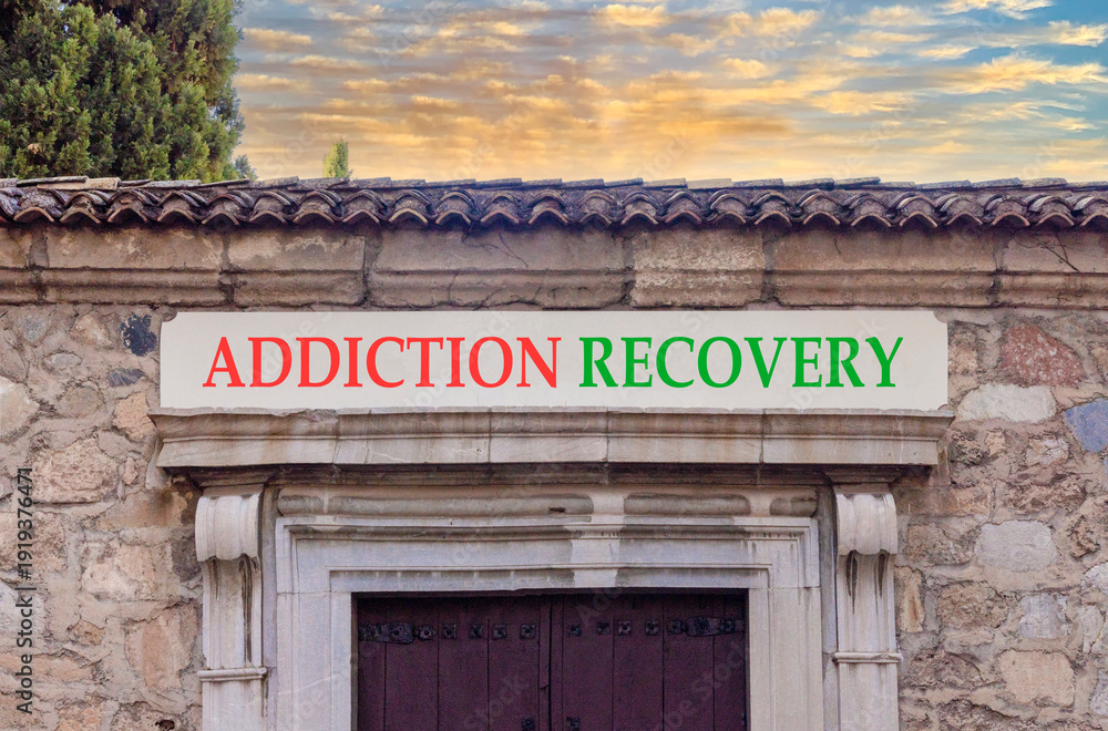 Obraz premium Addiction recovery symbol. Concept words Addiction recovery on beautiful big marble white sign plate. Beautiful old stone wall background. Psychology addiction recovery concept. Copy space.