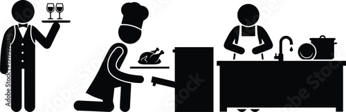 A chef and waiter in a restaurant kitchen preparing and serving food.