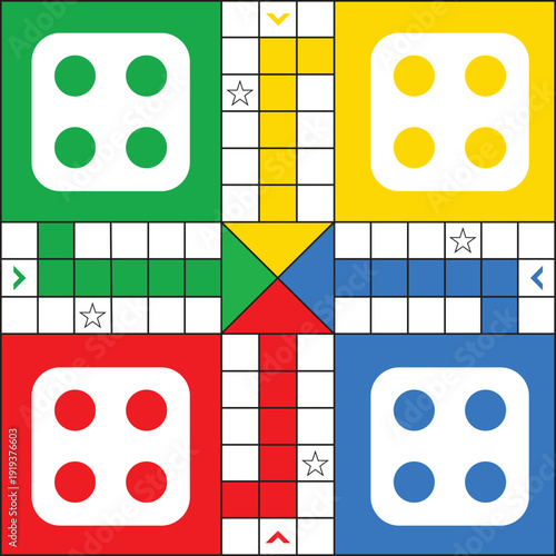 Ludo Board Game Vector Layout - Colorful Classic Tabletop Game Design with Red Green Yellow and Blue Starting Areas and Path for Family Fun Illustration