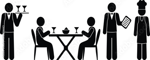 A group of people enjoying a meal in a restaurant with a waiter and a chef.