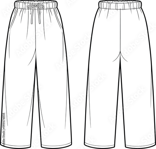 Wide leg women's lounge pants front and back elastic waist with drawcord pockets technical garment outline for fashion tech pack upload, cad drawing flat vector illustration