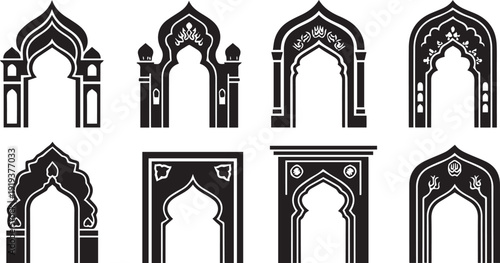 Islamic mosque arches and doorways set vector illustration flat design black and white pattern