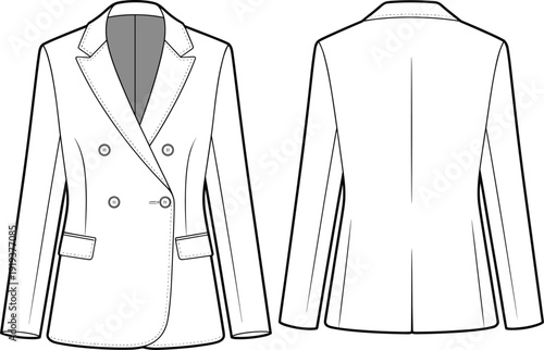Double breasted blazer flat sketch, front and back view, womenswear fashion cad, technical jacket vector, tailored coat template, formalwear
