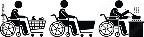 A series of silhouettes depicting people in wheelchairs engaged in various activities.