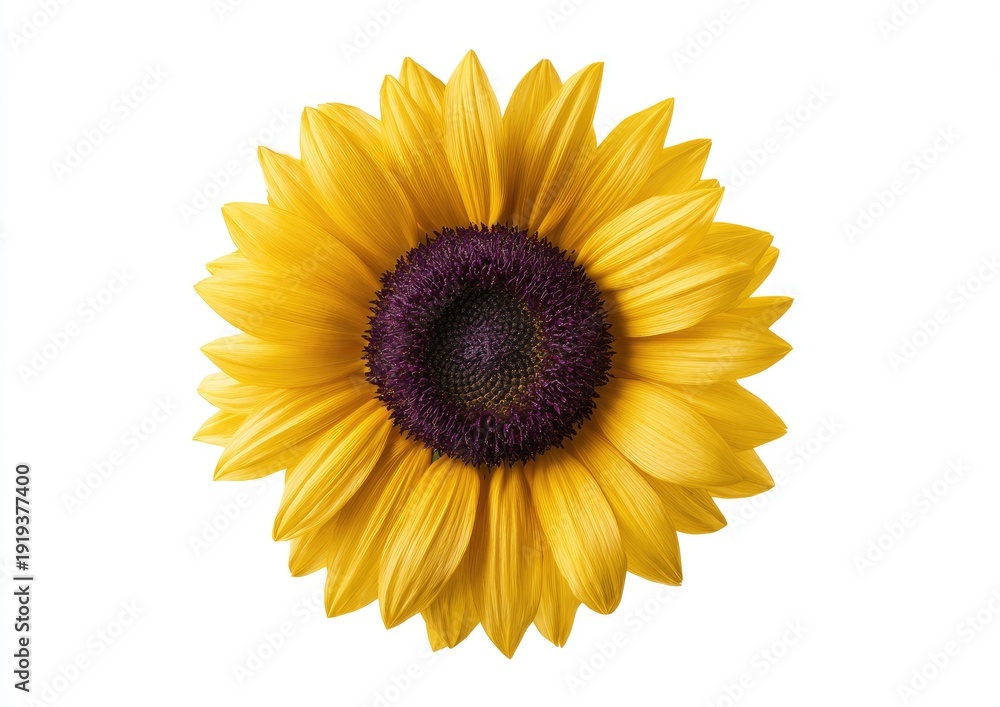 Fototapeta premium Isolated vibrant yellow sunflower head, dark purple center, full bloom, white background