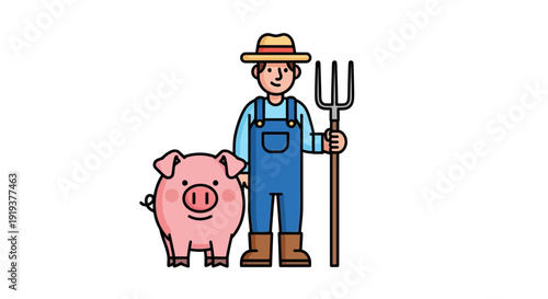 Farmer standing next to a pig holding a pitchfork in cartoon style.